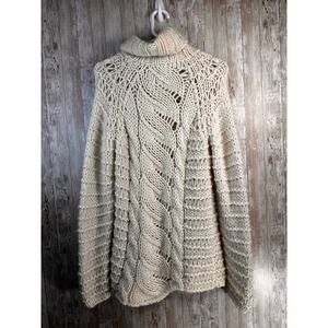 DKNY Sweater Womens L Ivory Loose Cable Knit Mock Neck Pullover Fuzzy Wool Blend